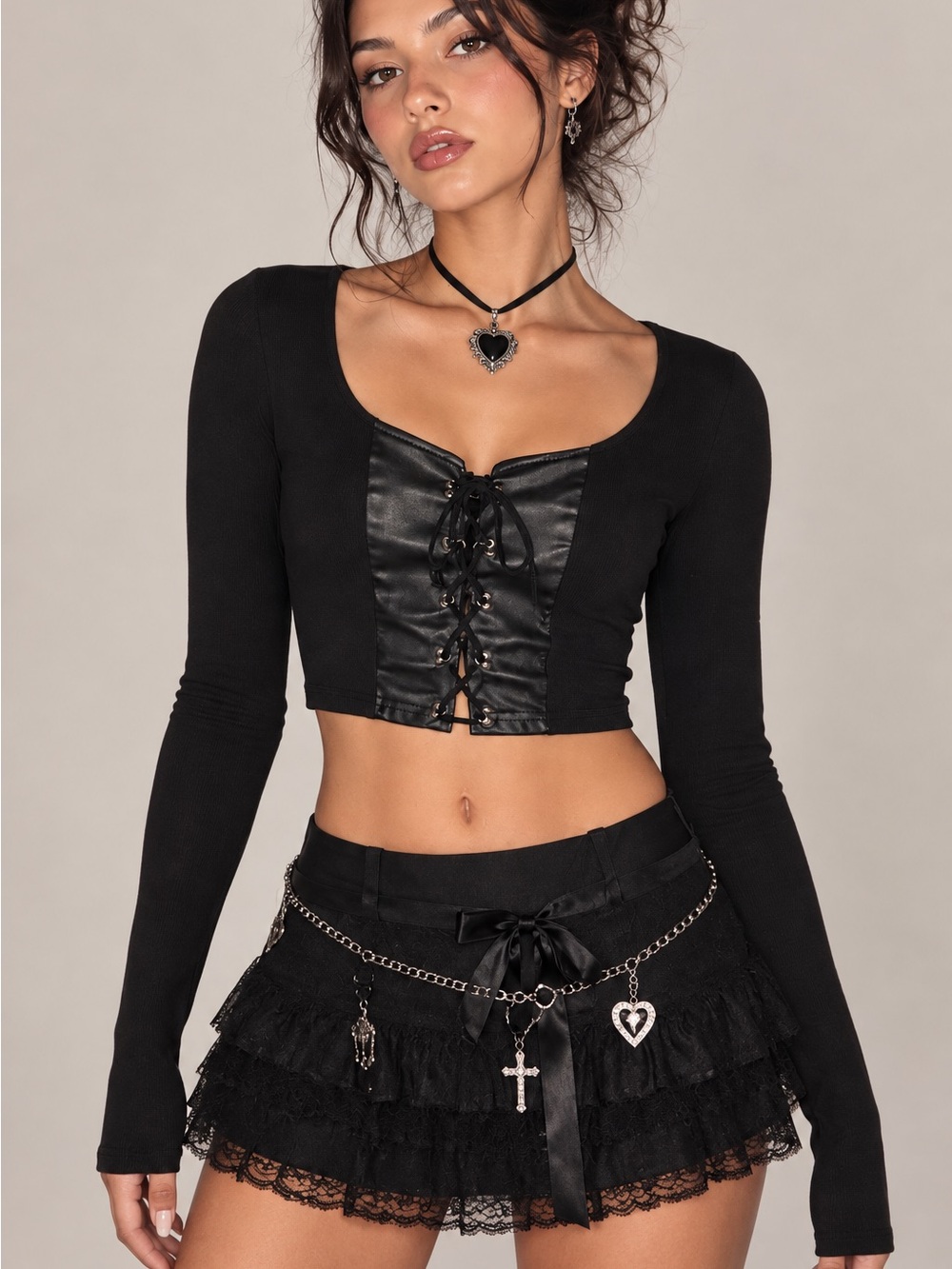 CAPSULLE Black Lace Up Faux Leather Dark Coquette Long Sleeve Crop Top Size S